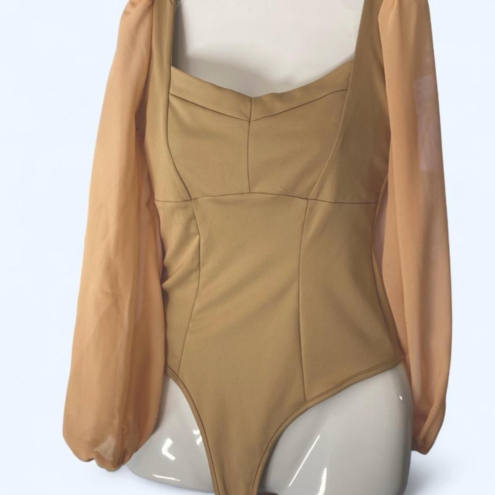 Tan bodysuit with sheer sleeves #bodysuit approx M
